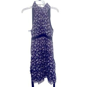 Zara Basics High neck Ruffled Floral Navy & Grey Silk Dress w/ Built in slip